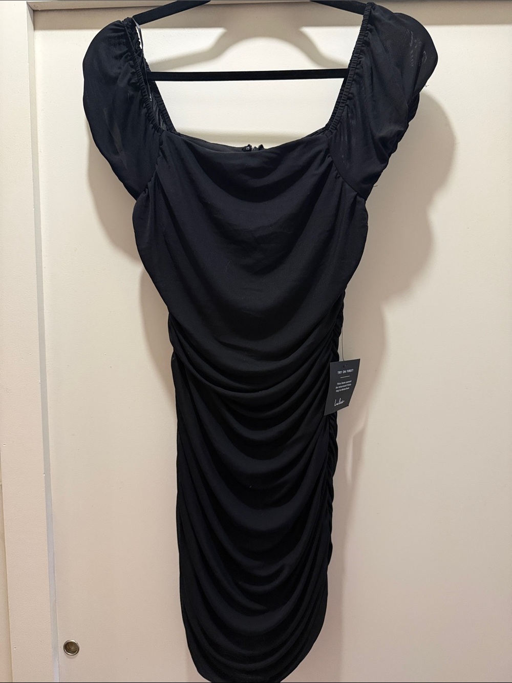 Lulu's Black Ruched Mini Dress with Puff Sleeves